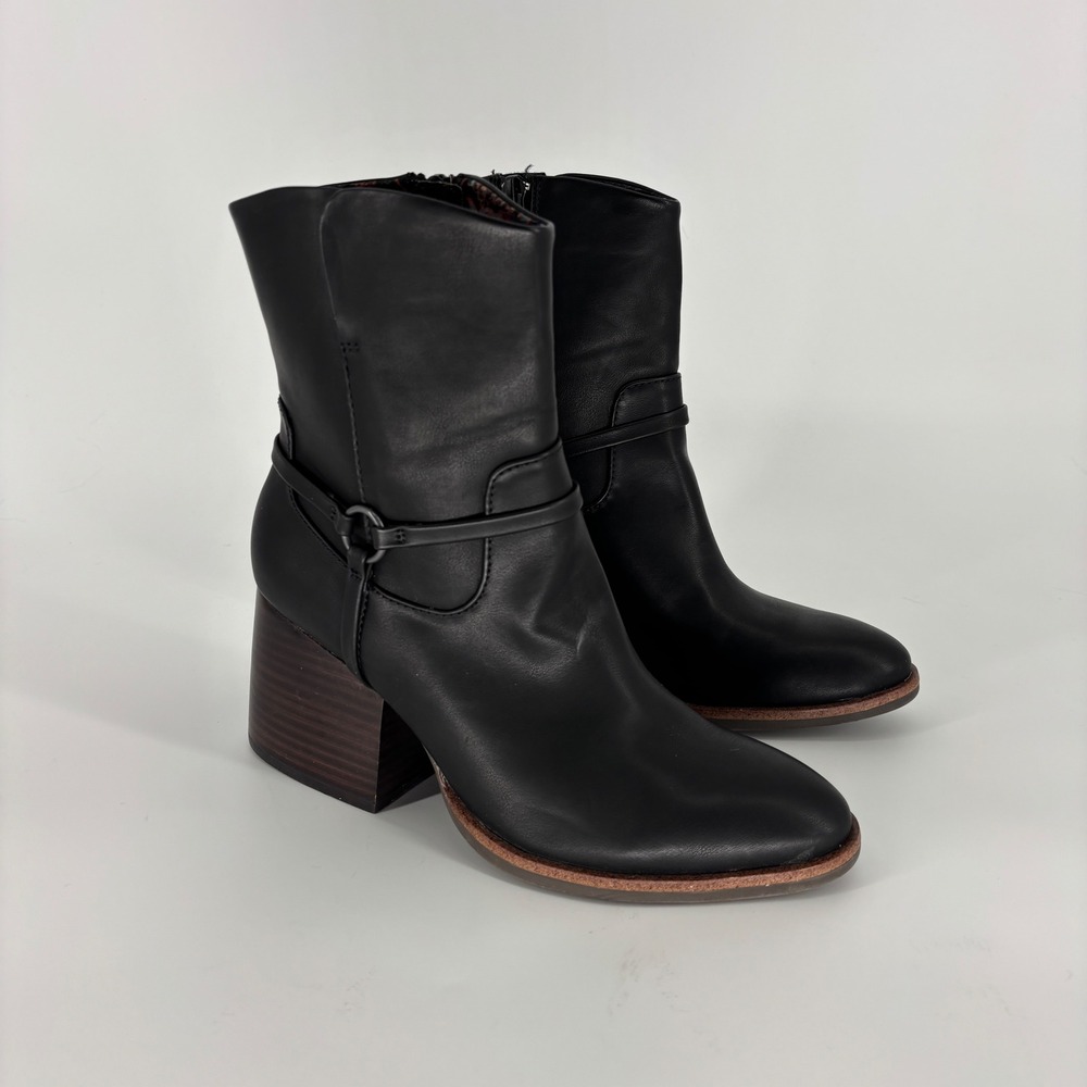 Korks Salina Ankle Boots Black Women Size 8 Leather Harness Block Heel Zip Up